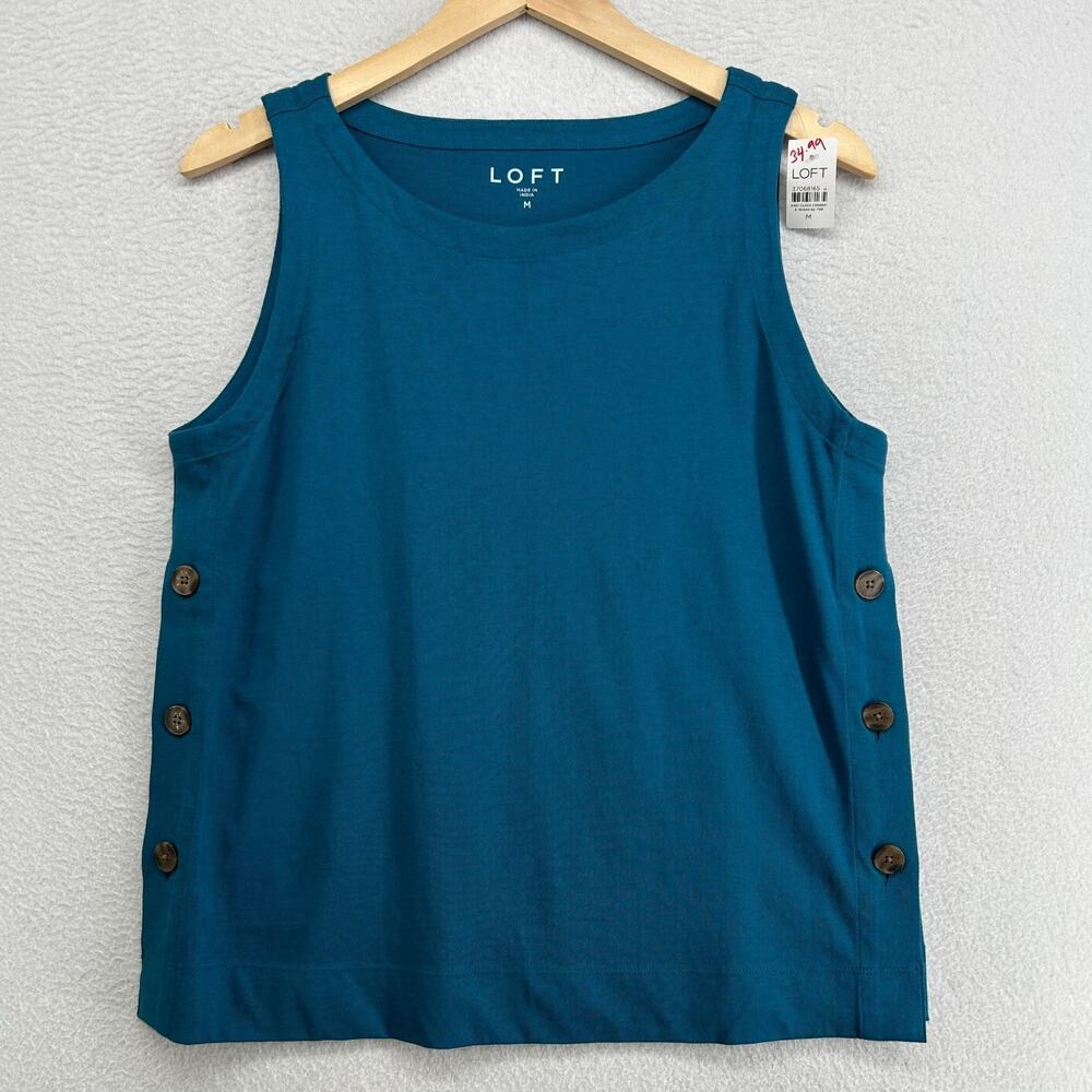 LOFT Tank Top M Side Button Round Neck Sleeveless Jersey Cotton Shell Blue NEW
